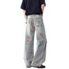 American floral ripped jeans men's summer high street ruffian handsome design pants loose straight thin trousers