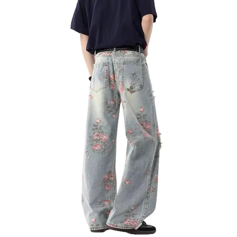 American floral ripped jeans men's summer high street ruffian handsome design pants loose straight thin trousers