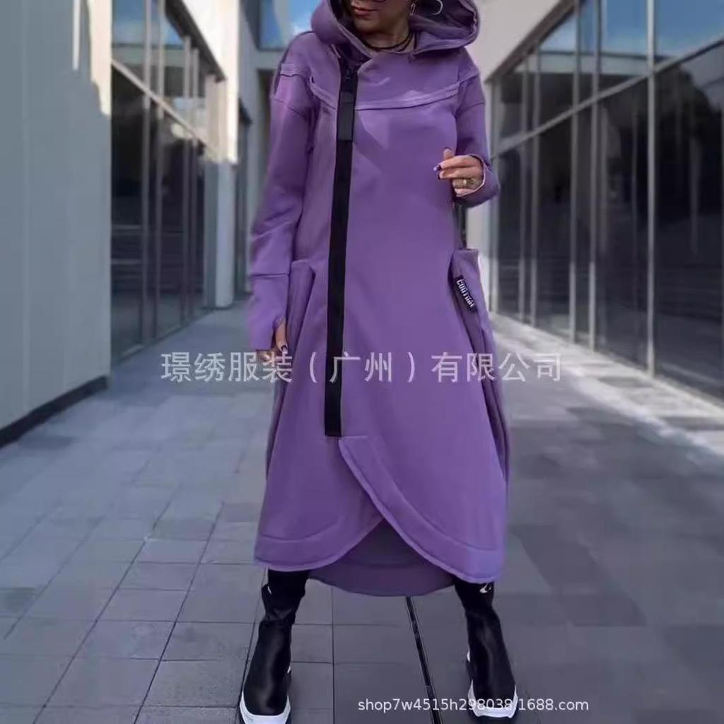 Women's Purple Hooded Long Coat, Zip Front, Side Pockets, Oversized Fit