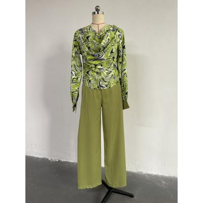 Spring and Autumn Women's Pant Suit Printed Lantern Sleeve Shirt Wide Leg Pants Casual Suit