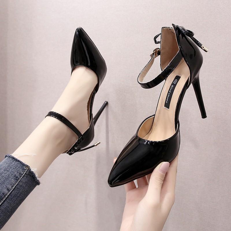 Baotou sandals women's new bow high heels women's shoes sexy thin heels one-button women's sandals