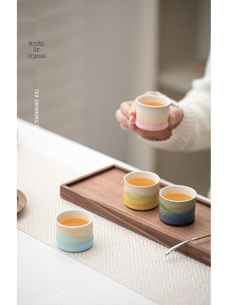 Embroidered Mountains & Rivers Ceramic Tea Cup Set - 4 Personal Tasting Cups, Ideal for Corporate Gifts, with Gift Box