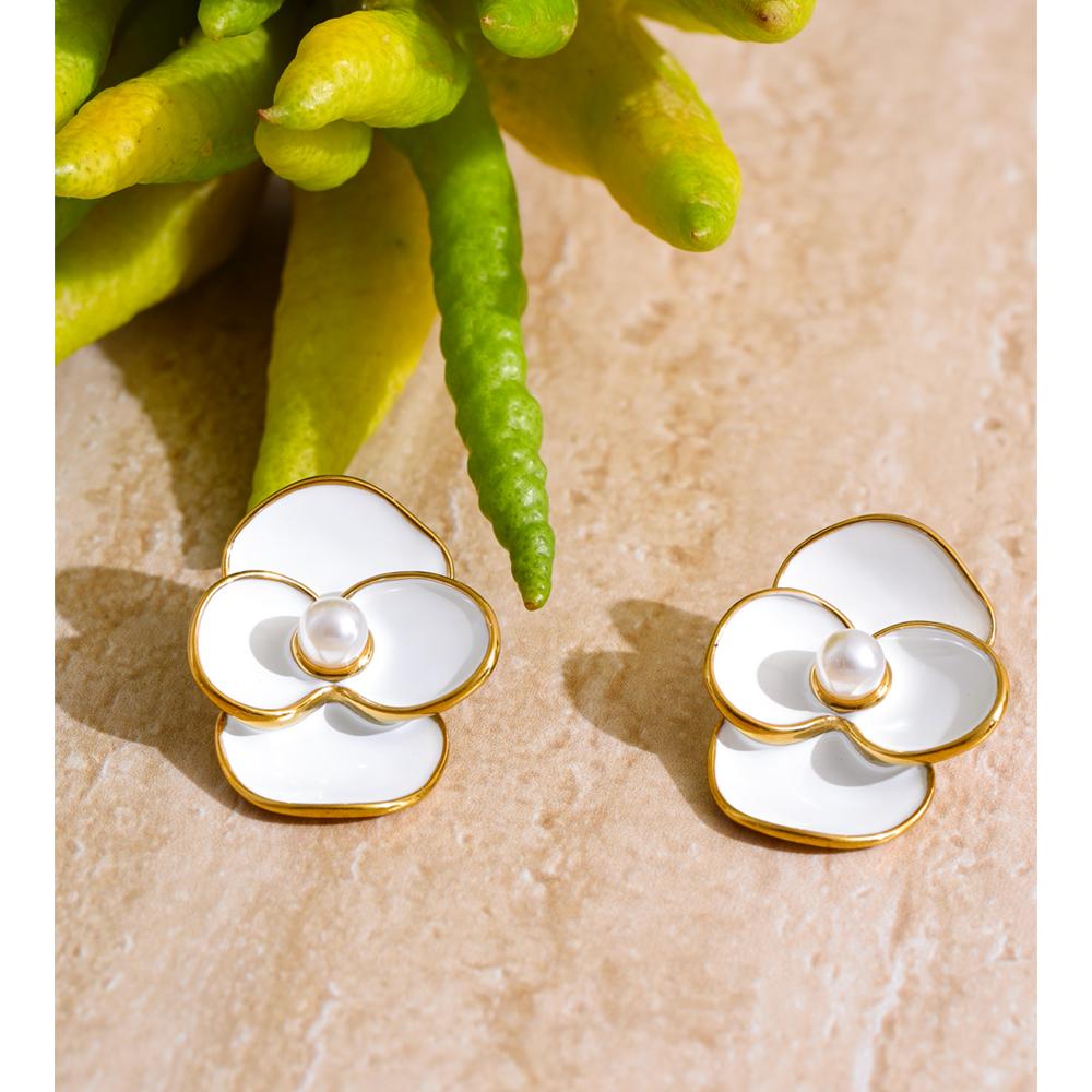 Eetit White Enamel Pearls Flower Stud Earrings for Women Golden Stainless Steel Daily Fashion Jewelry Recommend Gift