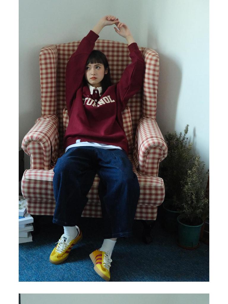 Women's Striped Polo Collar Sweatshirt - Korean Style with American Letter Embroidery