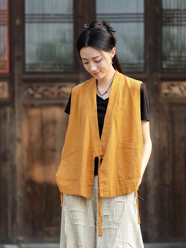 Johnature Women Chinese Style Belt Vests Coats V-Neck Solid Color Cloths Autumn Loose Vintage Vests