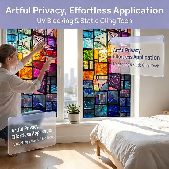 Static Cling Window Film, Full Blackout, Colorful Geometric Privacy UV Blocking, Reusable Heat Insulation Window Sticker for Home Office