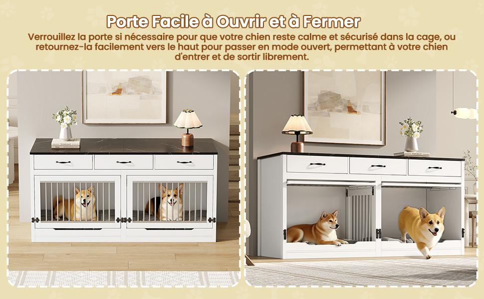 Holz-Metall Hundebox, für 2 Hunde, mit Schlossverschluss, Aufklappbare Tür, Herausnehmbare Trennwand, 3 Schubladen, Weiß & Schwarz, Übergröße, Maße 164×60×81 cm