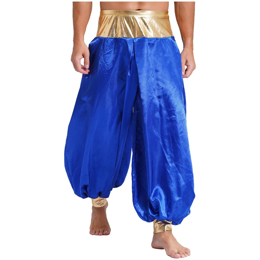 Mens Magical Hippie Harem Pants Metallic Shiny Patchwork Lantern Style Long Pants Arabian Prince Cosplay Costume
