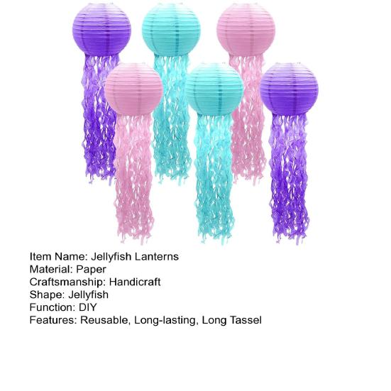 6 Pcs Paper Lanterns Hanging Jelly Fish Paper Lanterns Long Tassels Solid Color Mermaid Theme Party Sea Ocean Animal Birthday