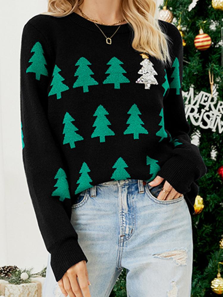 Women's autumn and winter pullover jacquard Christmas tree knitted sweater long sleeved red Christmas sweater
