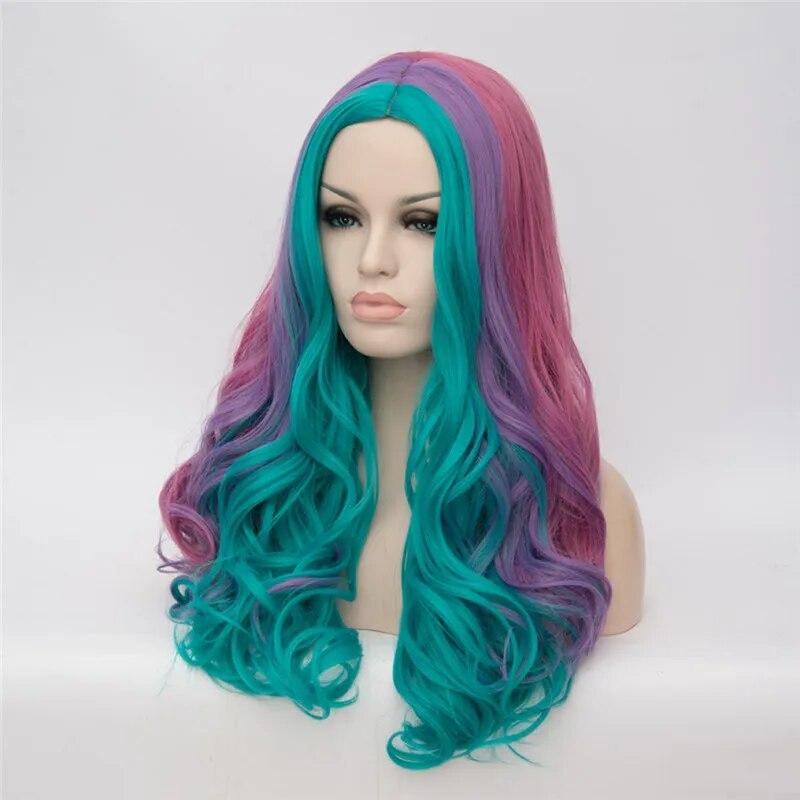 Women Cosplay Multicolor Stitching Gradient Wig Long Wig Curved Big Wave Black White Blue Pink Color Wigs