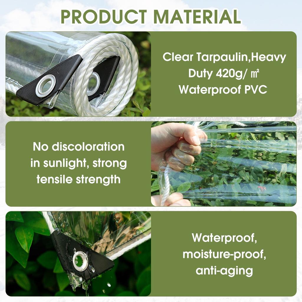 Clear PVC Tarp with Zipper, Heavy Duty Transparent Tarpaulin, Waterproof Vinyl Tarp for Gazebo Pergola Patio Porch Balcony