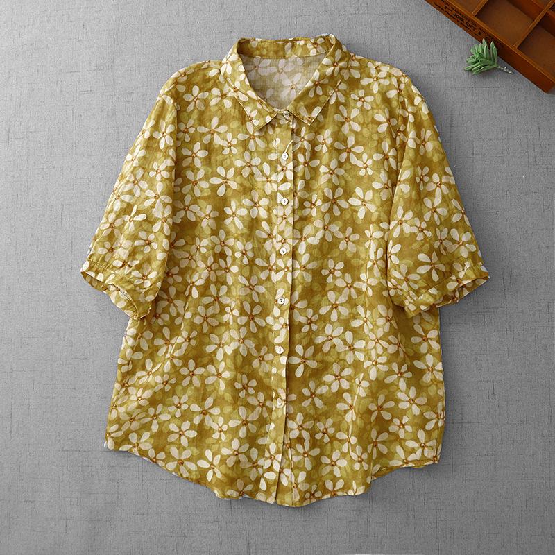 Women s Summer Yellow Floral Cotton-Linen Short-Sleeved Loose Top M жёлтый/цветочный