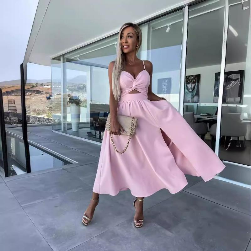 Women's Summer Fashion Socialite Deep V Cutout Slit Halter Dress Dress