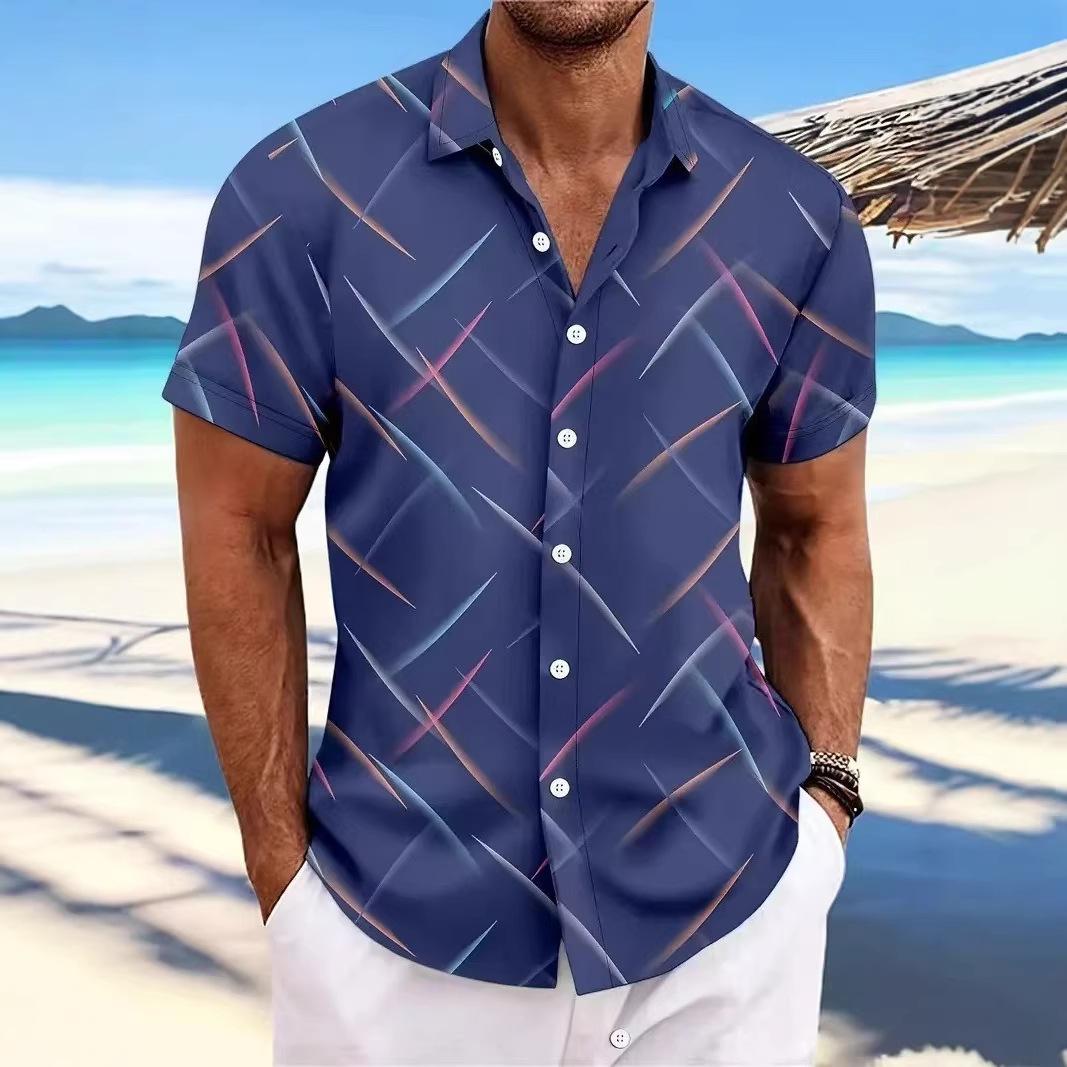 Mens Casual Short Sleeve Digital Print Striped Shirt S