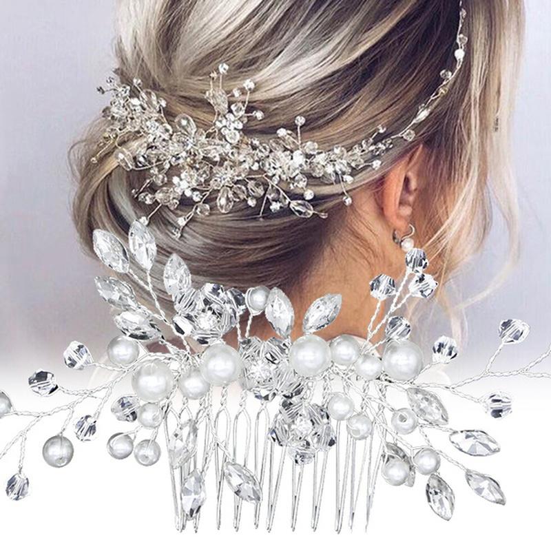 Silver Color Pearl Crystal Wedding Hair Combs Hair Accessories for Bridal Flower Headpiece Women Bride Hair Ornaments Jewelry