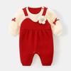 British Baby Spring and Autumn Outfit for Girls, Red Stylish Romper for Full Month and 100 Days Celebrations, Outdoor Jumpsuit for Princesses