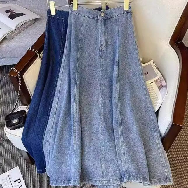 Women's Retro Distressed High-Waisted A-Line Washed Midi Denim Skirt Long Jean Skirts Pleated Flowy Swing A-line Denim Skirts for Women