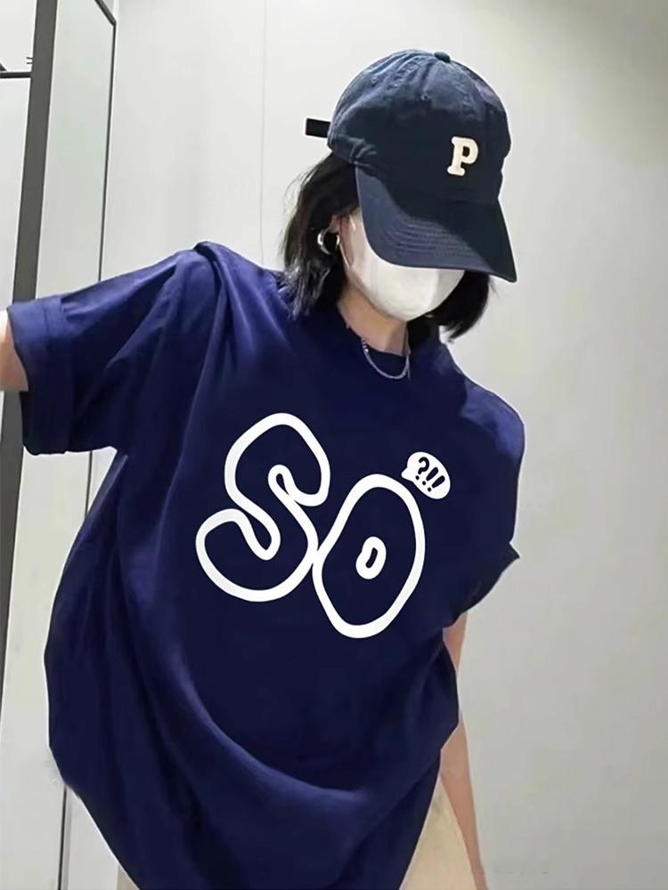

Women s Navy Blue Cotton Loose Fit Short-Sleeve T-Shirt - Summer 2025 Casual Top L