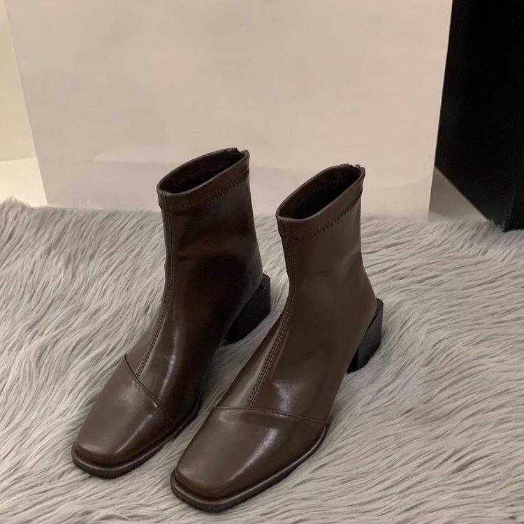High Heel Square Head Skinny Boots Small Short Boots 2025 French Small Ankle Boots Brown Martin Boots