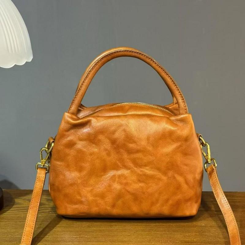 Fashionable Retro Small Bag Women's Full Tree Cream Cowhide Same Style Bowling Genuine Leather Handbag Crossbody