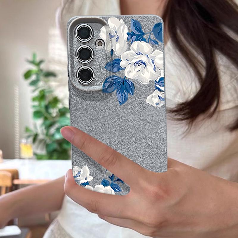 Funda Floral de Gardenia Blanca Para Samsung S26 S25 S24 Ultra S23 S22 S21 FE A15 A16 A17 A26 A35 A36 A37 A54 A55 A56 A57 5G Cubierta de Silicona con Textura de Cuero
