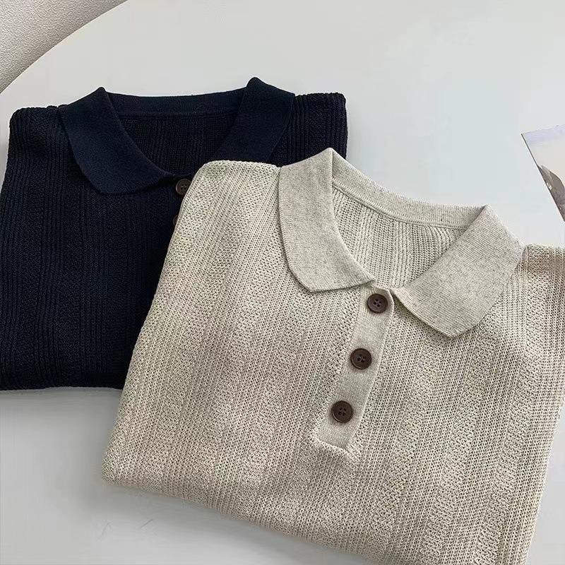 Wenyi fan olo shirt knitted short-sleeved women's summer new chic unique texture ice silk top