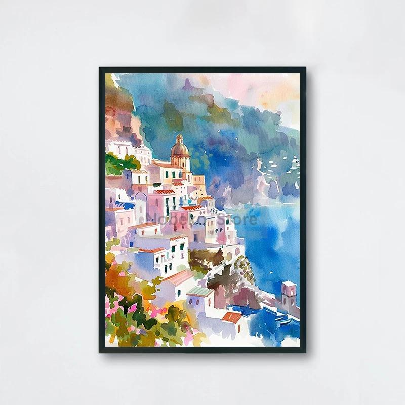 Italian Amalfi Coast Cityscape Poster Positano Watercolor Coastal Landscape Prints Canvas Painting Wall Art Home Room Decoration
