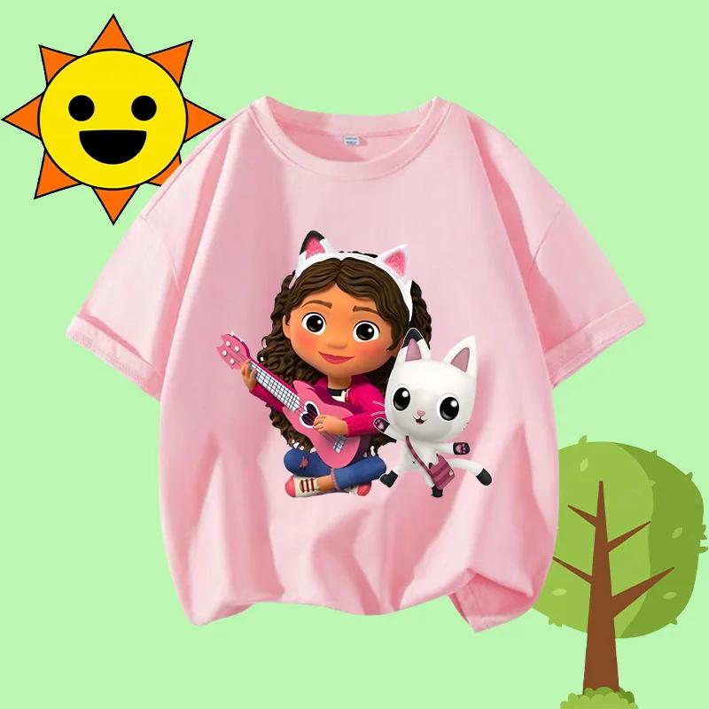 Disney Princess Cartoon Print Cute and Trendy Sports Shirt for Girls, Summer T-shirt Gabby Children's Crew-neck Short-sleeved