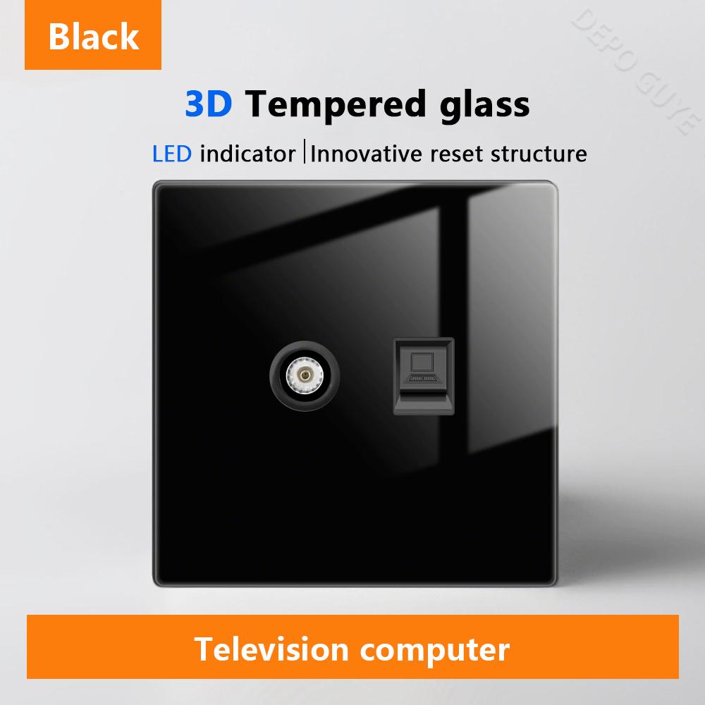 Luxury LED Indicator Light Switch Black Tempered Glass Piano Key Self-reset Wall switch,UK EU Universal USB C Electrical Socket