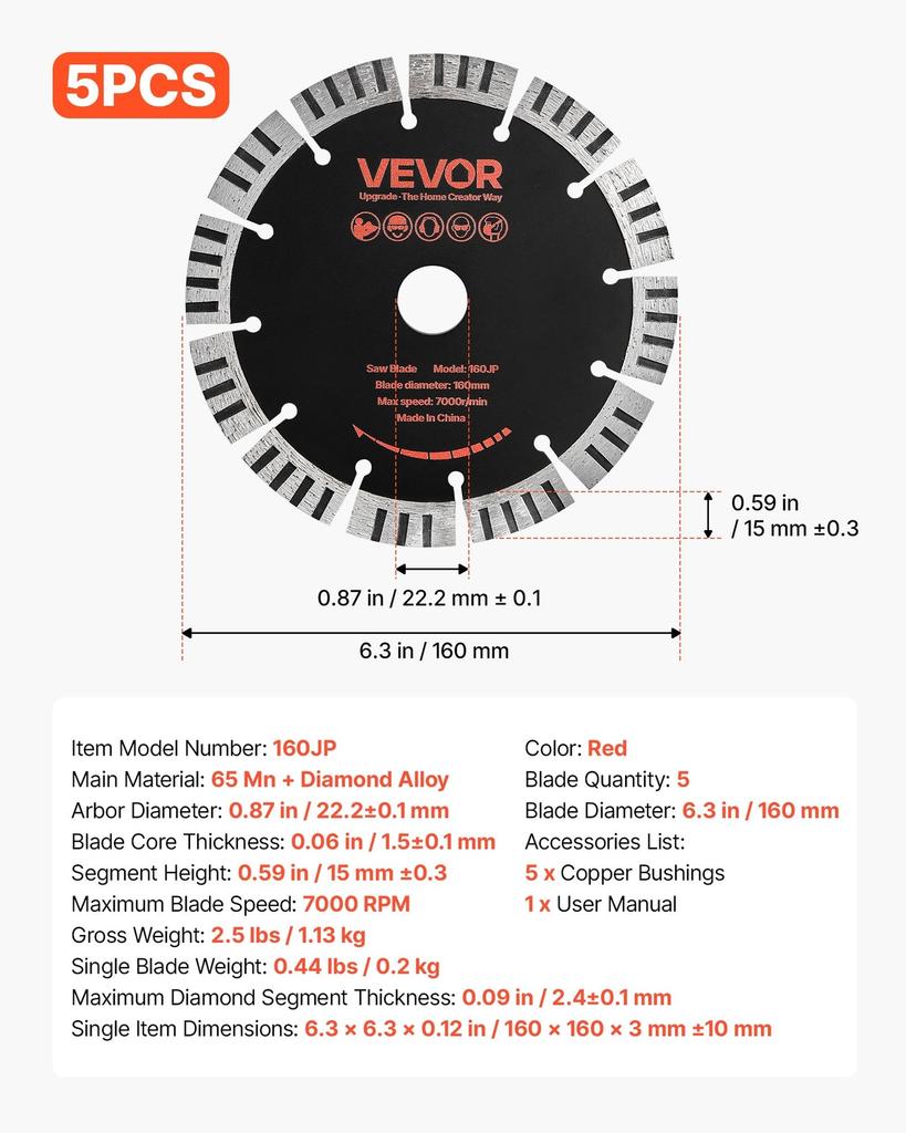 Diamond Blades 160 mm, 5-Pack Wall Chaser Saw Blade Cutting Blade, 22.2 mm Arbor, High-Hardness Diamond Segments, 65Mn Steel Core, Dry Wet Cutting,