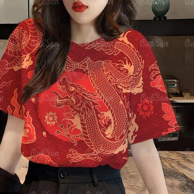 

Женская футболка 2024, Новый год, с коротким рукавом, с 3D-принтом дракона, летние топы, футболки, женская свободная уличная одежда, одежда Y2K 6XL