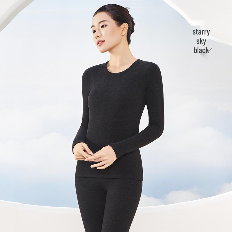 Cashmere Silk Round Neck Edged Antibacterial Fleece-Lined Women's Autumn Undershirt & Pants Set - Warm & Skin-Beautifying.