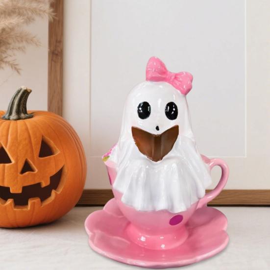 1/2Pcs Halloween Reading Ghost Figurine Pink Teacup Ghost Statue Resin Sculpture Home Office Holiday Party Desktop Decoration Ornament