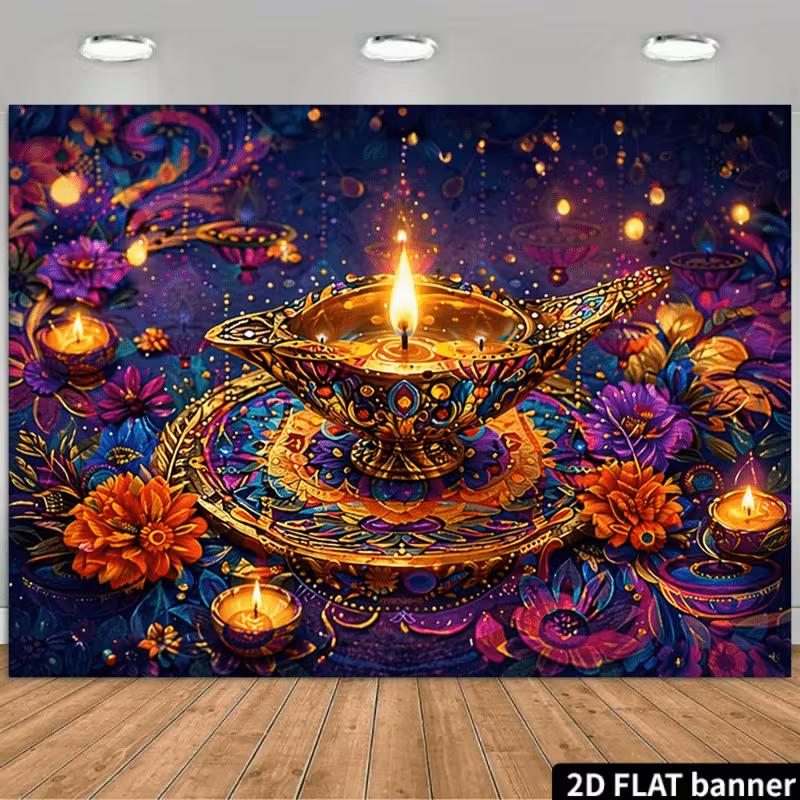 

2D Diwali Diya Lamp Photography Background with Colorful Flowers 47.2x31.5inch/120*80cm