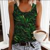 Women Plus Size Scoop Neck Sleeveless Tank Top Green White Gold Floral Printed Curved Hem
