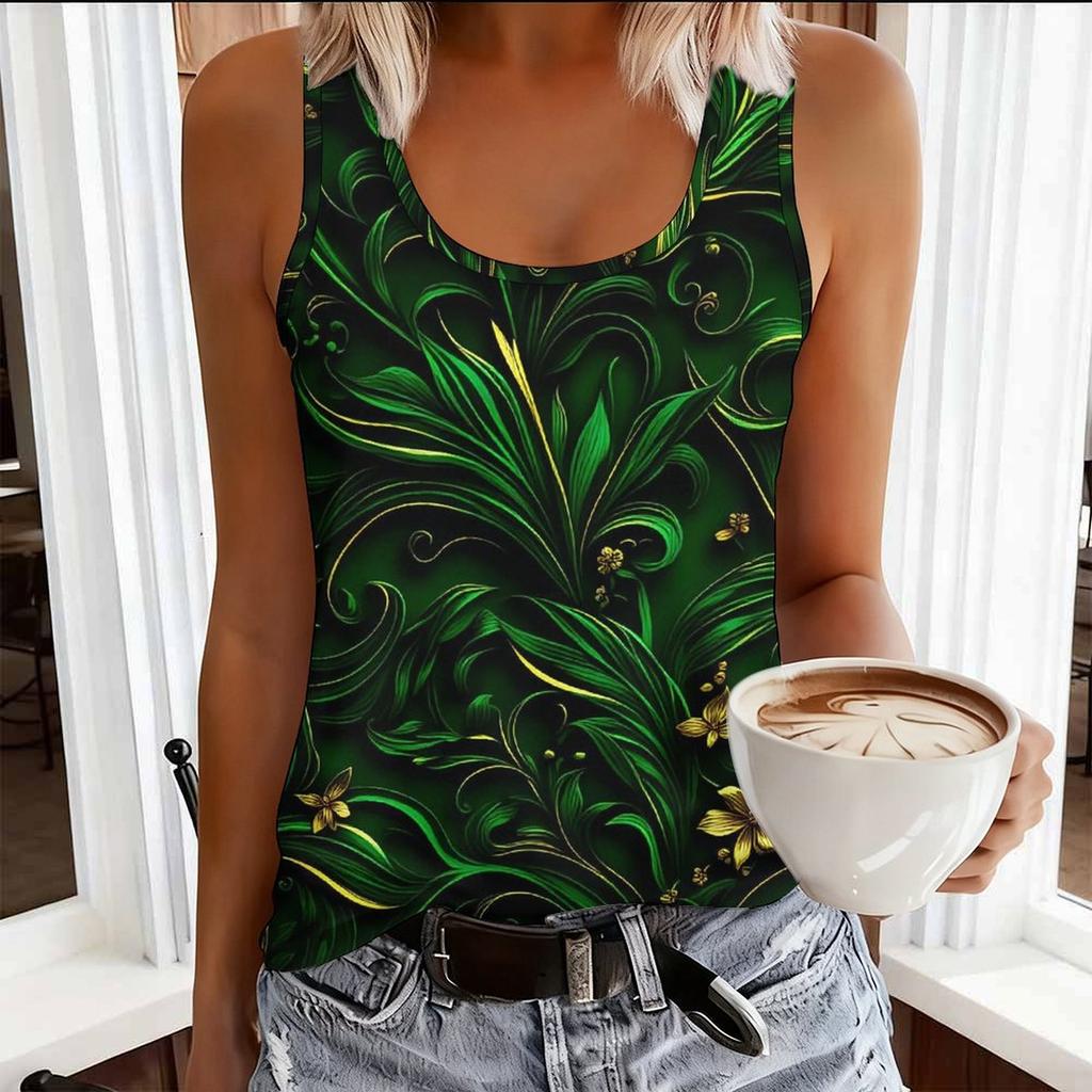 Women Plus Size Scoop Neck Sleeveless Tank Top Green White Gold Floral Printed Curved Hem