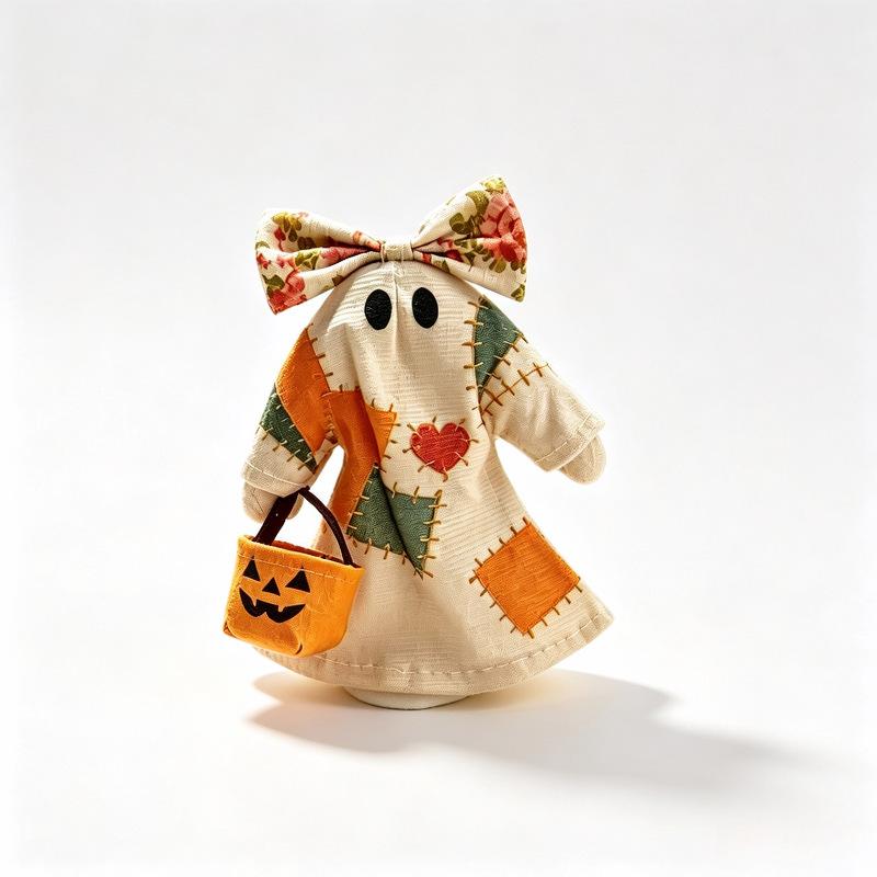 Halloween Fabric Ghost Figurine, Cute Bow-shaped Pumpkin Bucket Decoration, Creative Table Setting Accessory