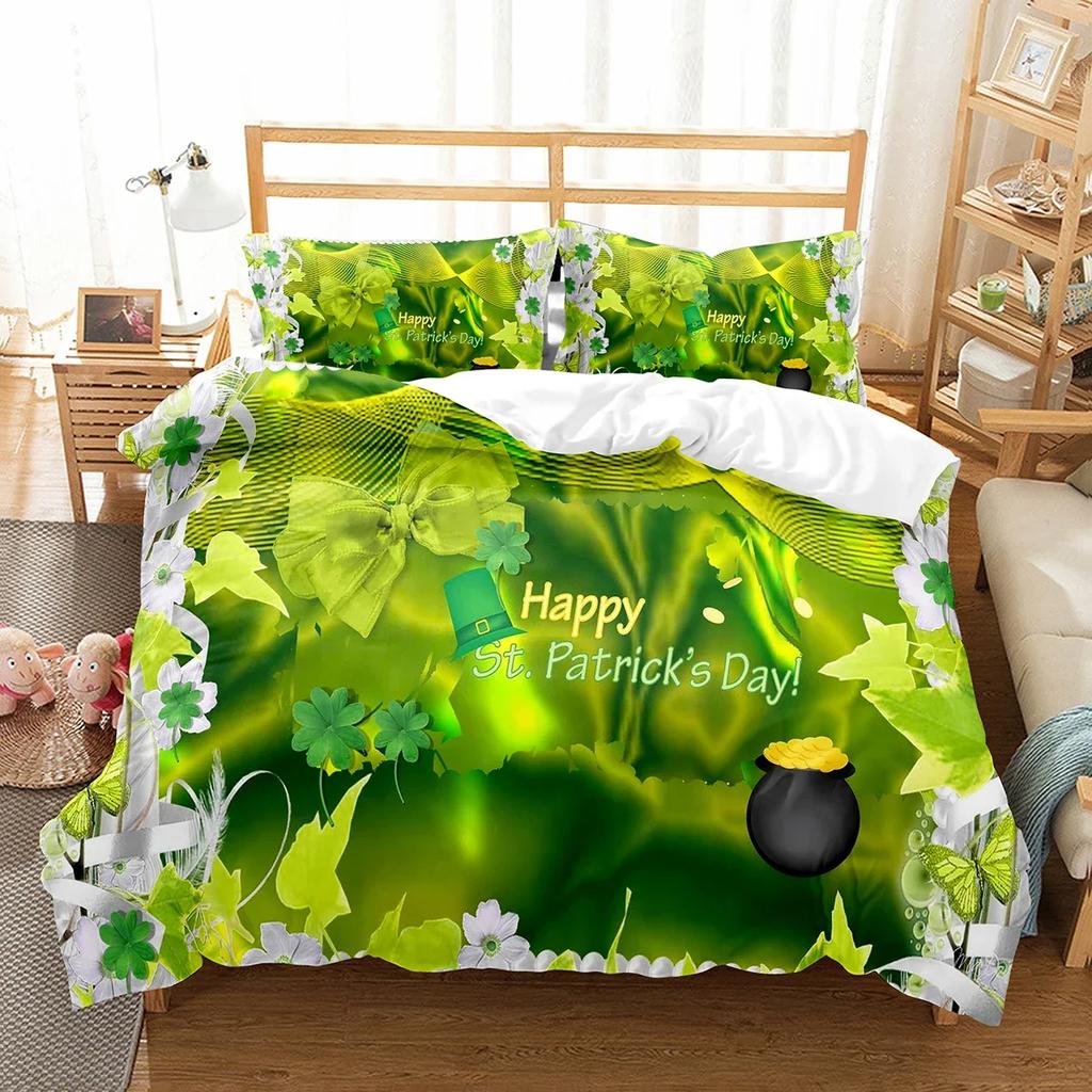 Happy St Patrick's Day Duvet Cover Set Plant Clover Bedding Set Green Lucky Leaf Quilt Cover Botanical Leaves Bedspread Cover