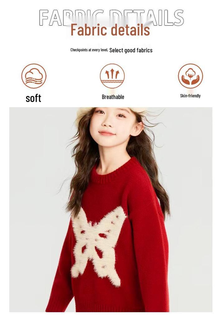 Girls' Winter Mink Velvet Butterfly Sweater - New Year Red Knit Pullover 2026
