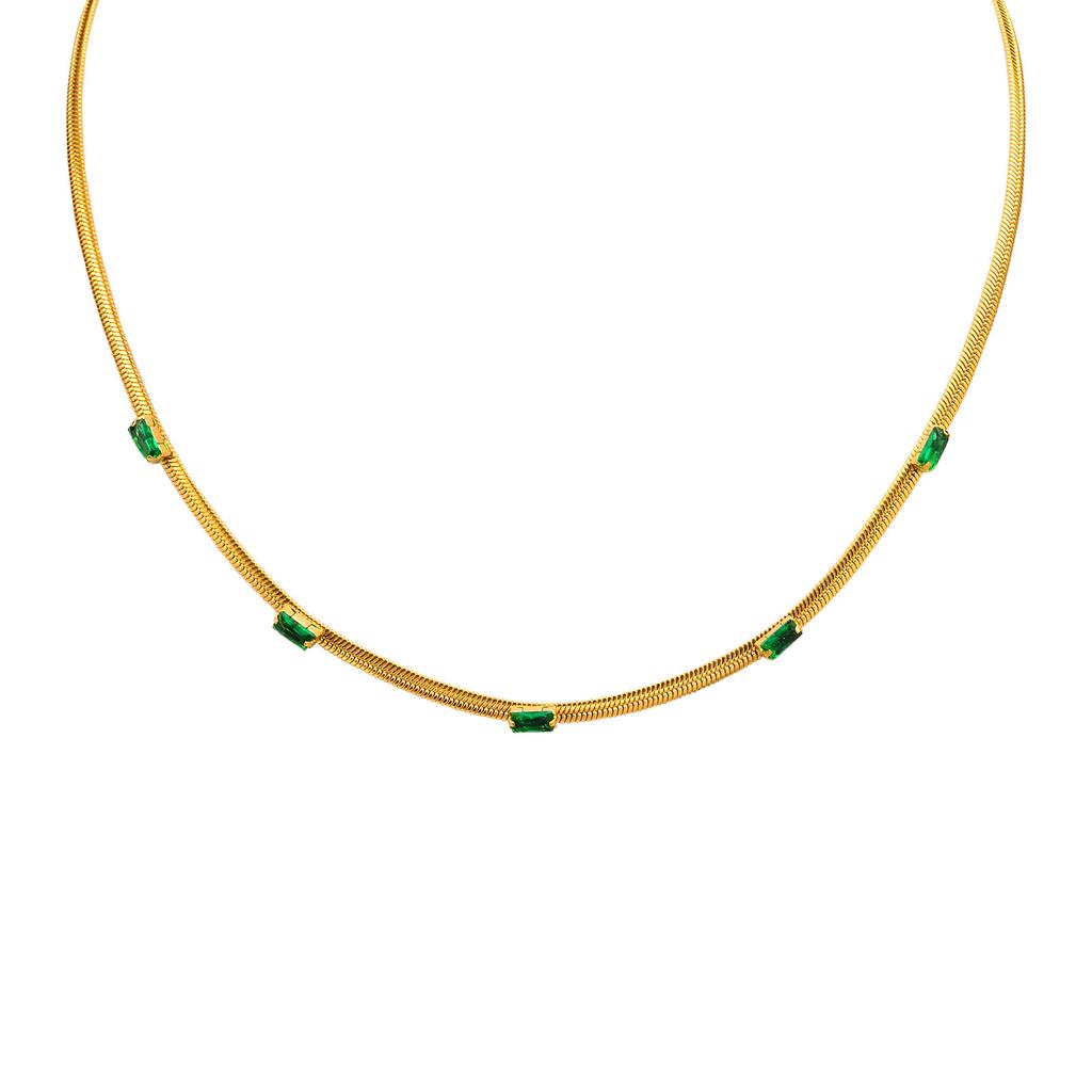 Stainless Steel Red Green Zircon Necklace Gold Female Collarbone Chain Flat Snake Chain, Accessories 1201