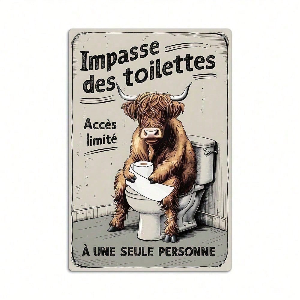 

Vintage French Farmhouse Metal Tin Sign Wall Art, Rustic Bathroom Decor with Humorous Highland Cow Impasse des Toilettes Sign, різнокольоровий