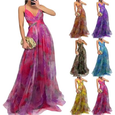 Women's Summer Dress V-neck Mesh Printed Suspender Holiday Casual Party Dress