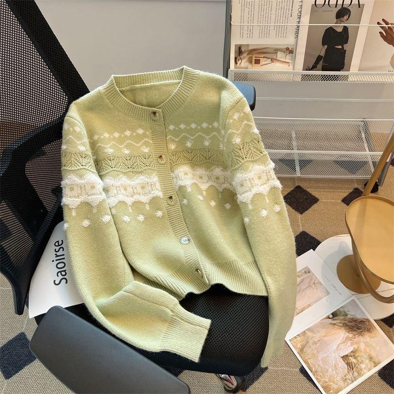 

Geometric Pattern Women s Sweater Stand Up Collar Single Breasted Knitted Sweater Long Sleeved Korean Style Woman Slimming Top onesize зелёный