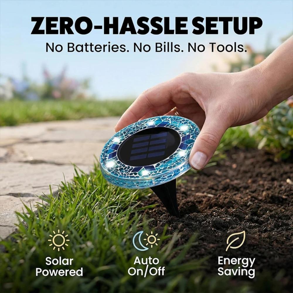 Luce Solare a Disco Mosaico, Illuminazione da Giardino Impermeabile in Vetro, Luci LED Decorative Colorate per Sentieri dal Tramonto all'Alba