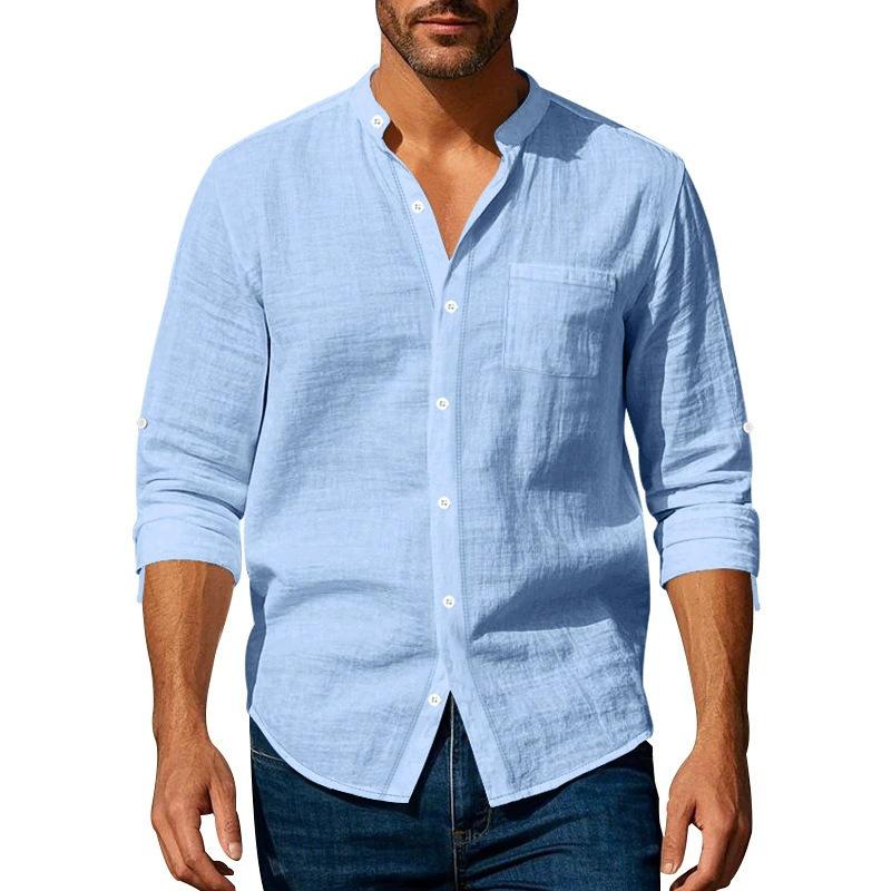 

2026 Men s Chinese Style Stand-up Collar Long-sleeve Breathable Casual Shirt with Pockets for Spring and Autumn X-Large светло-синий