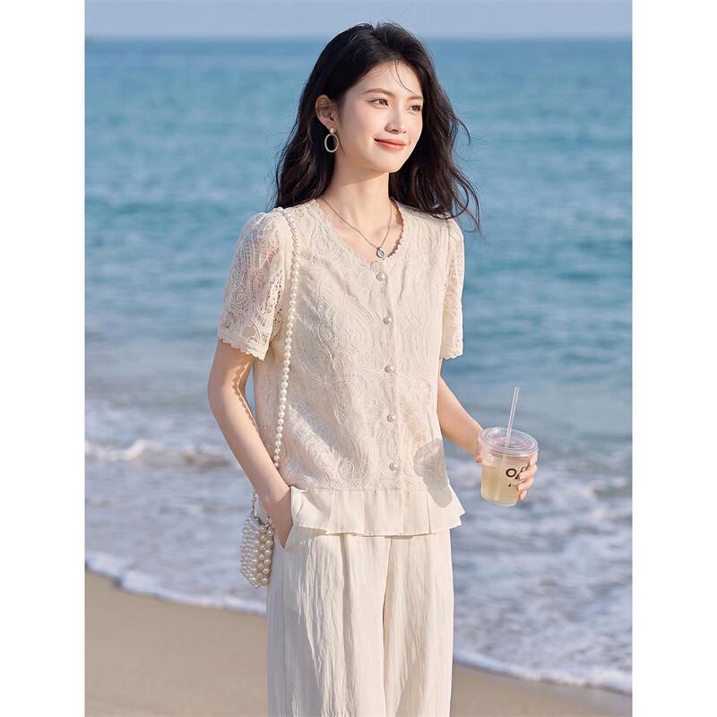 Elegant French Style Lace Patchwork Round Neck Blouse