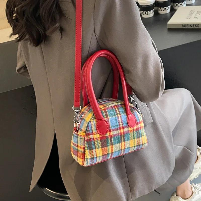 Herbst Neue Kontrast Gitter Mini Shell Handtasche Mode Kleine Umhängetasche Weiche Stoff Designer Frauen Schulter Tasche