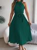 Women Elegant Stand Collar Sleeveless High Waist Pleated Solid Color Long Dress