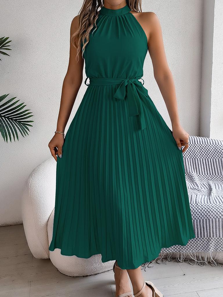 Women Elegant Stand Collar Sleeveless High Waist Pleated Solid Color Long Dress